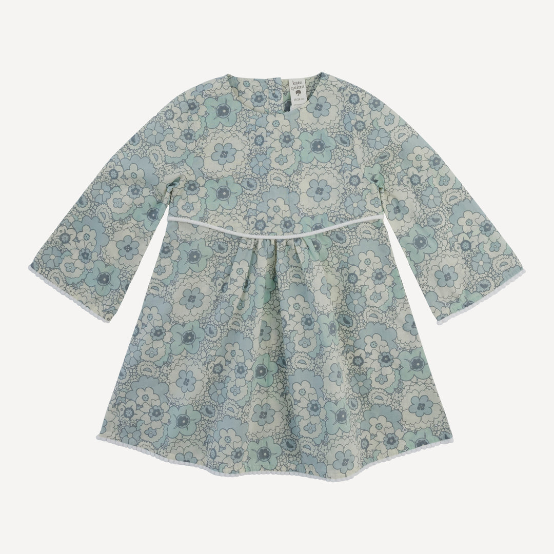 long bell sleeve pom pom tunic dress | blue mid-century floral | organic cotton woven