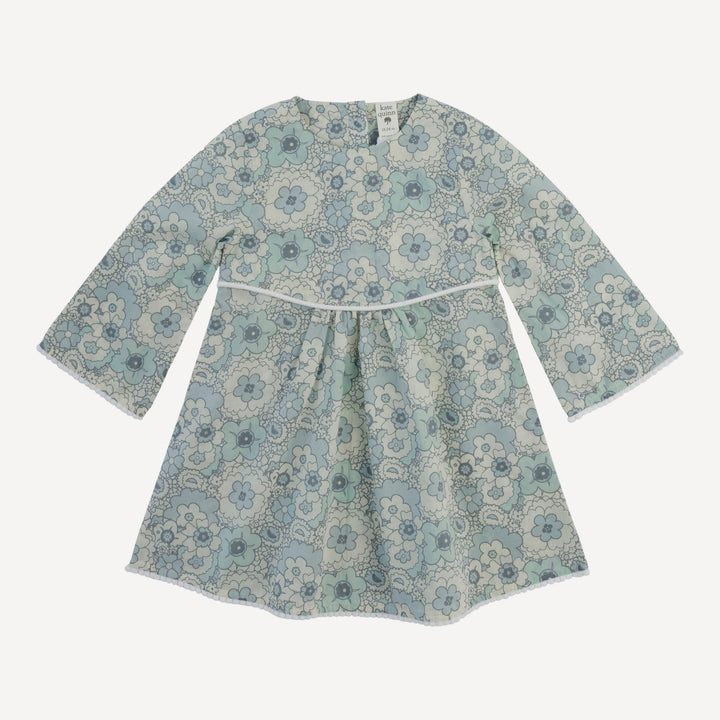 long bell sleeve pom pom tunic dress | blue mid-century floral | organic cotton woven