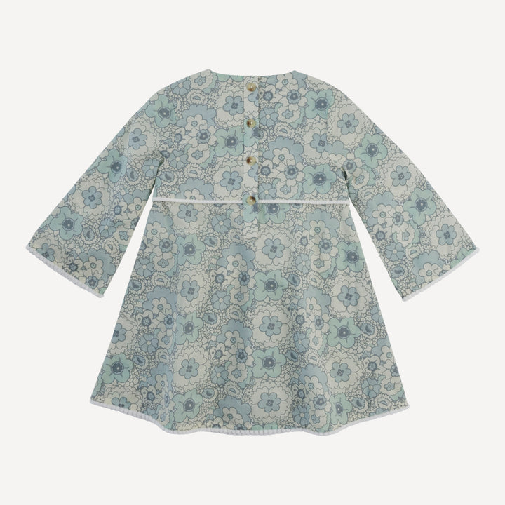 long bell sleeve pom pom tunic dress | blue mid-century floral | organic cotton woven
