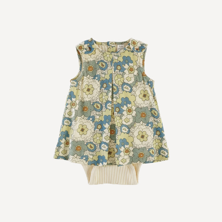 sleeveless pleated dress bodysuit | blue mid-century floral | organic cotton jersey