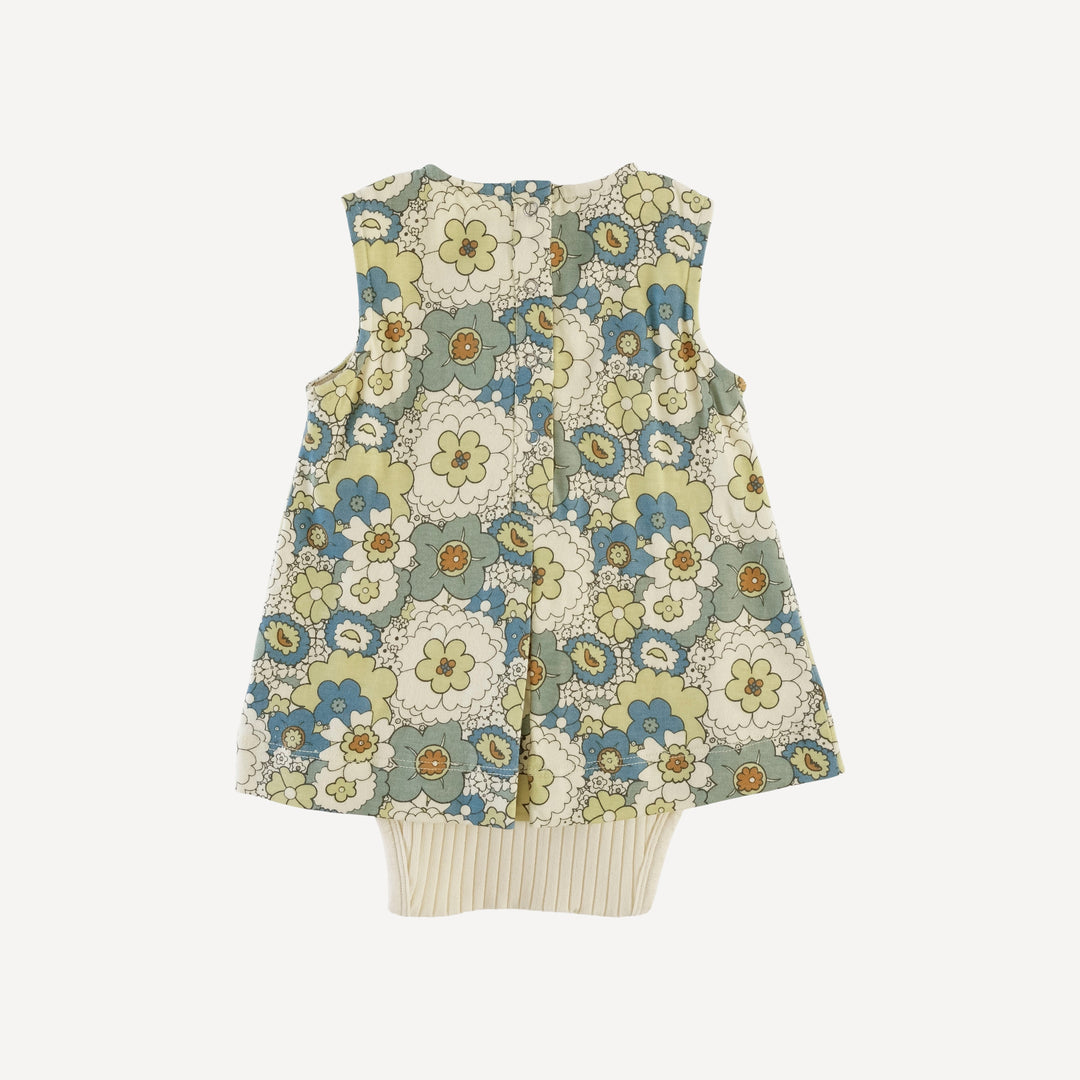 sleeveless pleated dress bodysuit | blue mid-century floral | organic cotton jersey