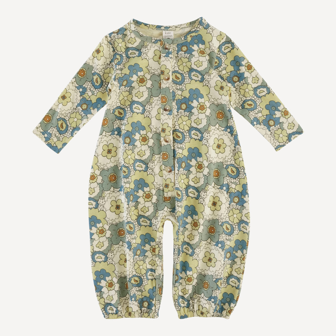 long sleeve button bubble jumpsuit | blue mid-century floral | organic cotton jersey