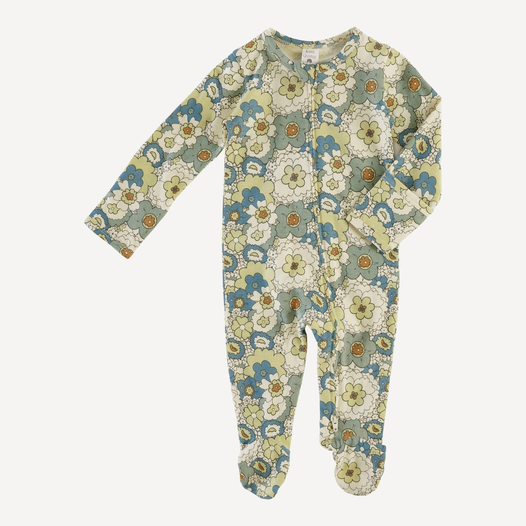 long sleeve zipper footie | blue mid-century floral | organic cotton jersey