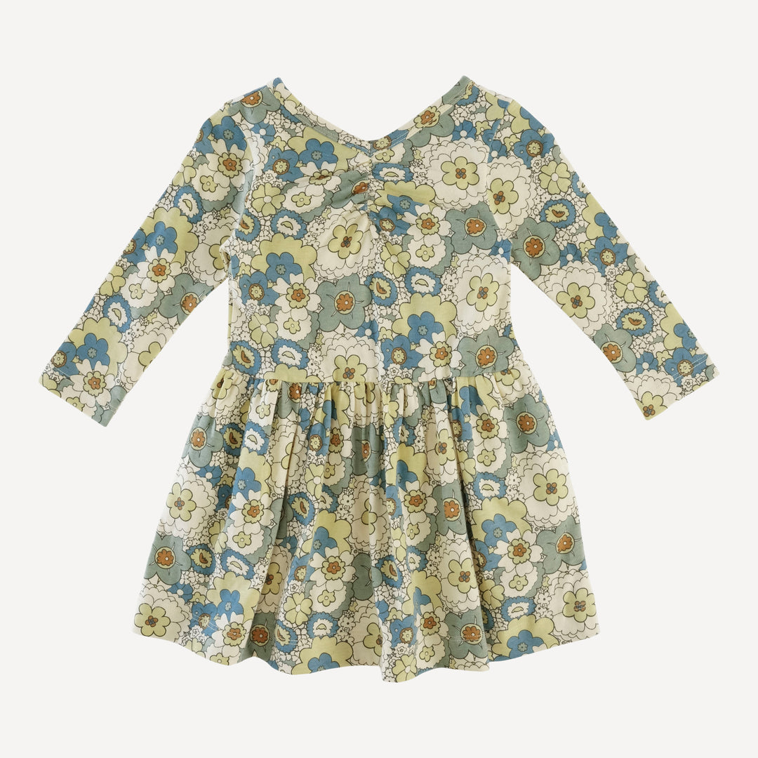 long sleeve twirl dress | blue mid-century floral | organic cotton jersey