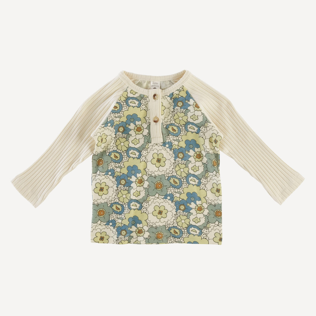 long sleeve baseball henley tee | blue mid-century floral | organic cotton jersey