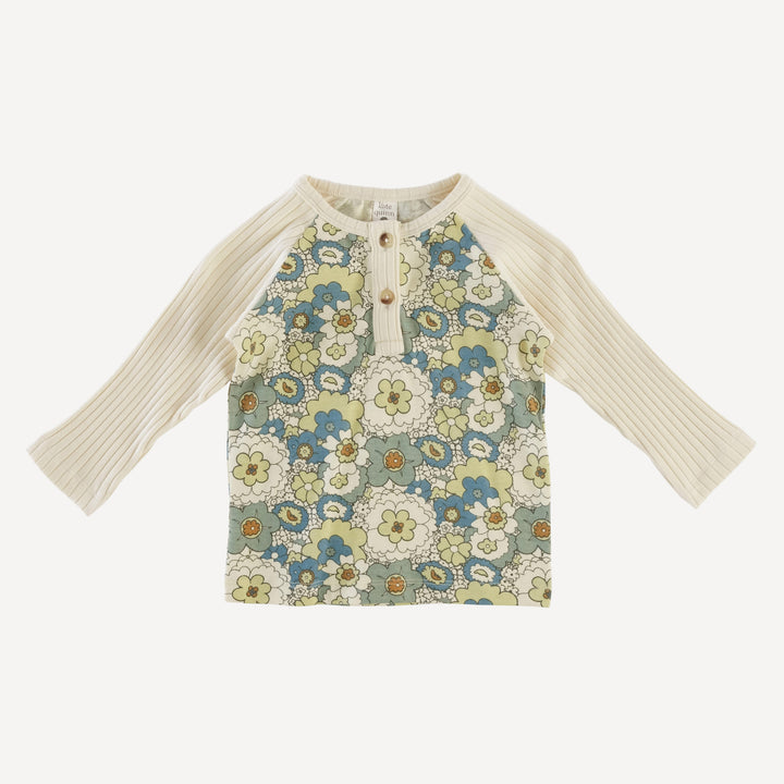 long sleeve baseball henley tee | blue mid-century floral | organic cotton jersey