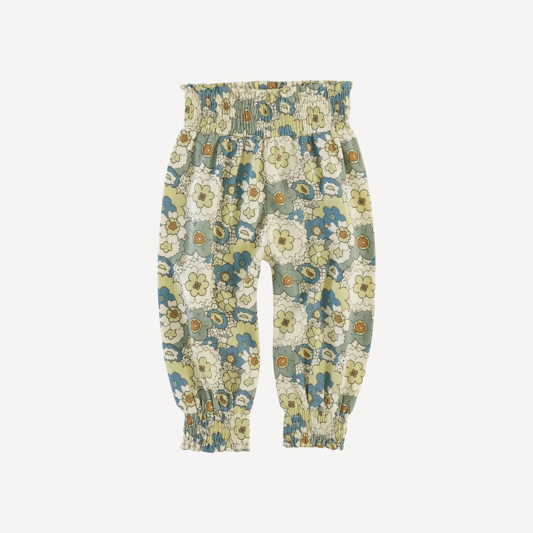 smocked waist bubble pant | blue mid-century floral | organic cotton jersey