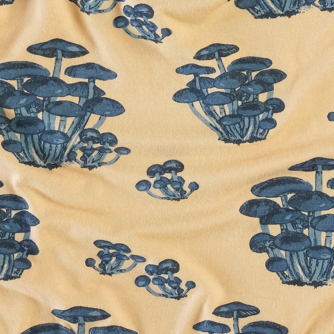 short sleeve button front v-waist dress | blue mushrooms | bamboo