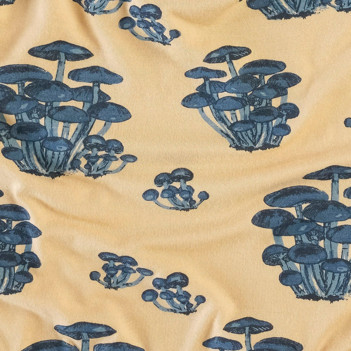 short sleeve button front v-waist dress | blue mushrooms | bamboo