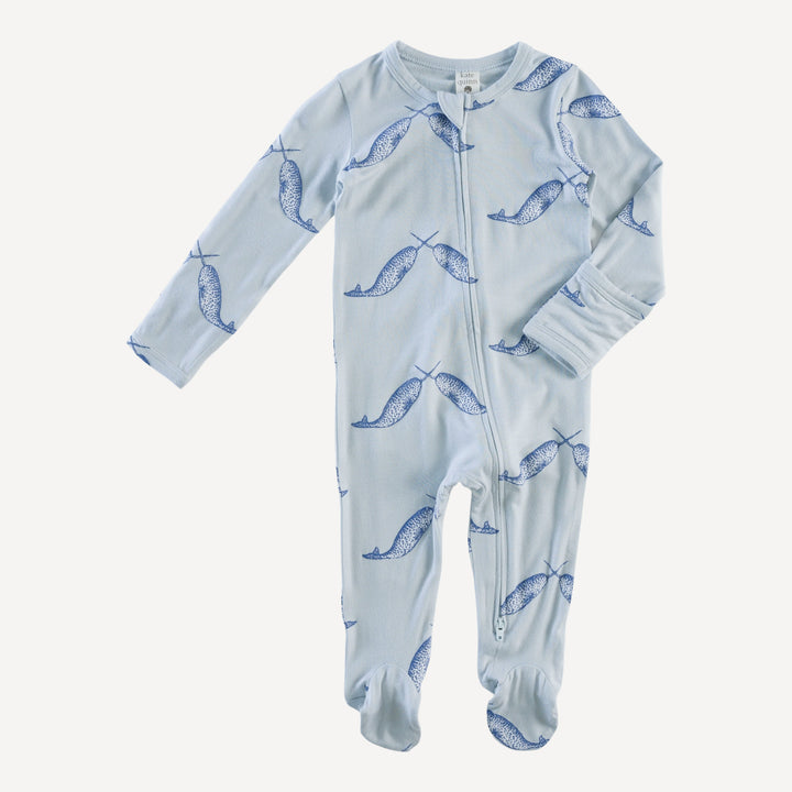 long sleeve two way zipper footie | blue narwhal | bamboo