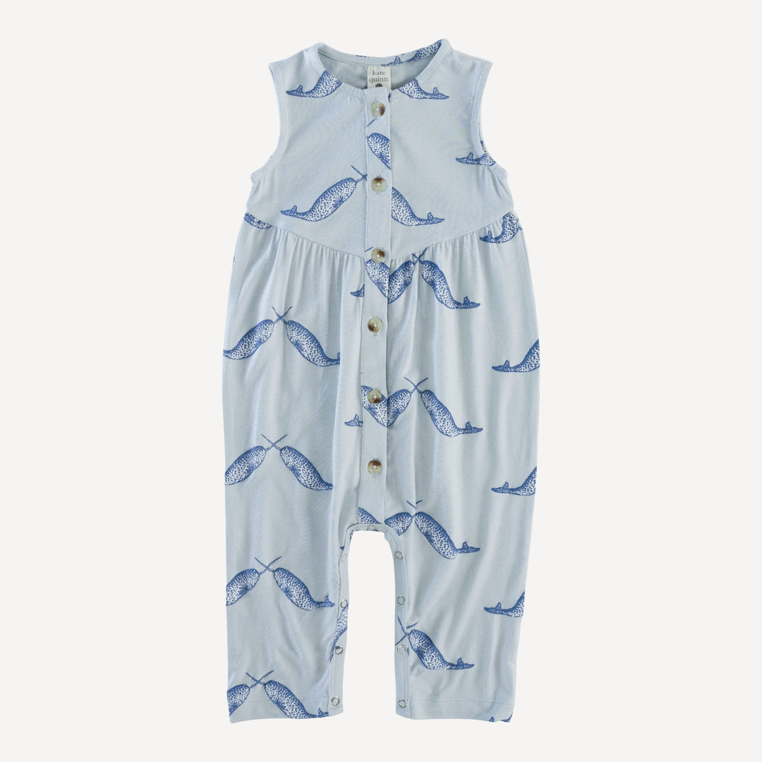 sleeveless button front v-waist jumpsuit | blue narwhal | bamboo
