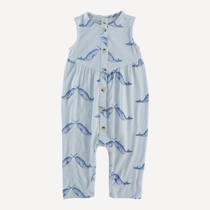 sleeveless button front v-waist jumpsuit | blue narwhal | bamboo