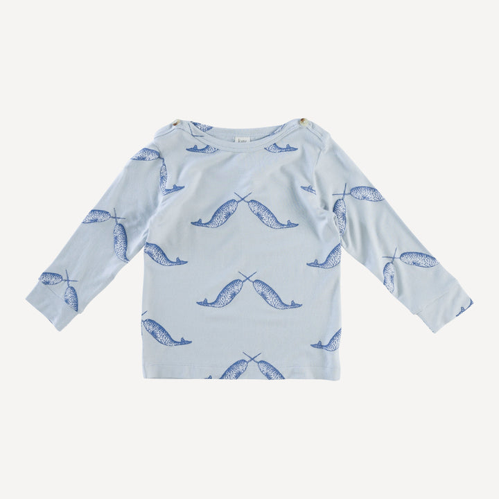 long sleeve button boat neck top | blue narwhal | bamboo