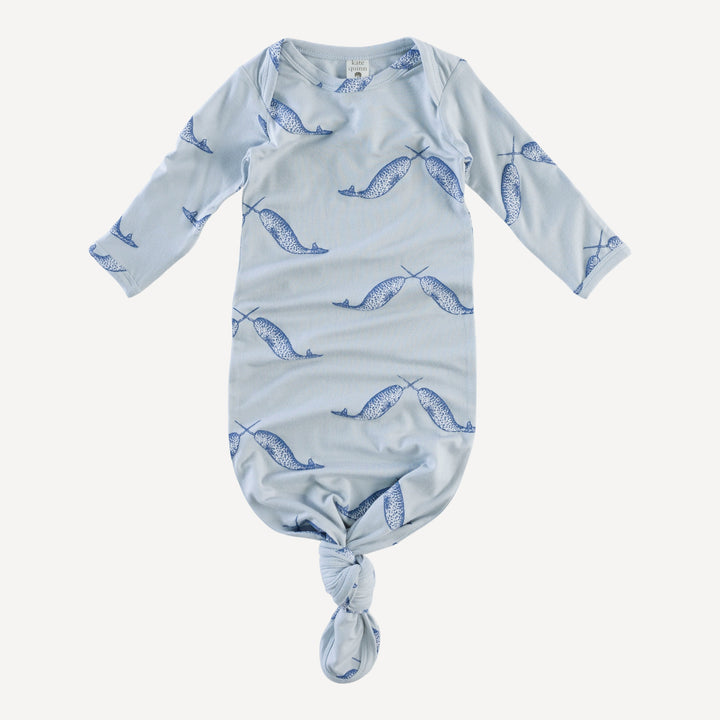 long sleeve lap neck knotted gown | blue narwhal | bamboo