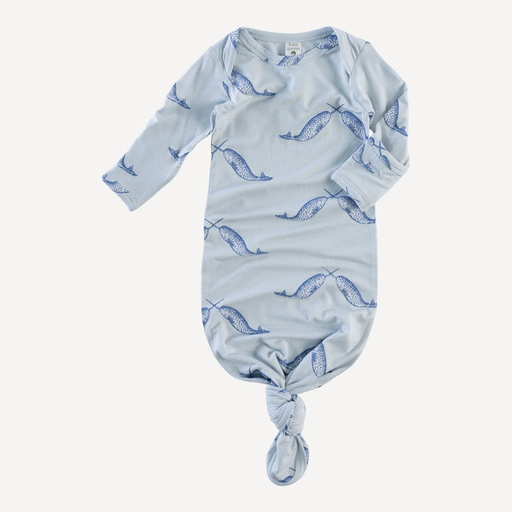 long sleeve lap neck knotted gown | blue narwhal | bamboo