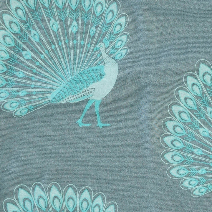 long sleeve zipper footie | blue peacocks | organic cotton jersey