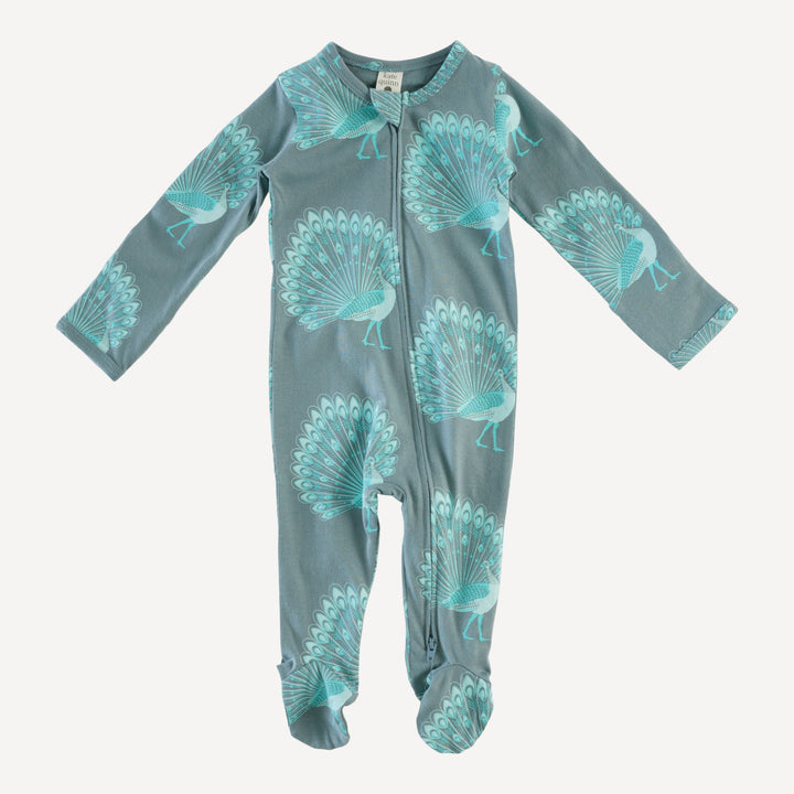 long sleeve zipper footie | blue peacocks | organic cotton jersey