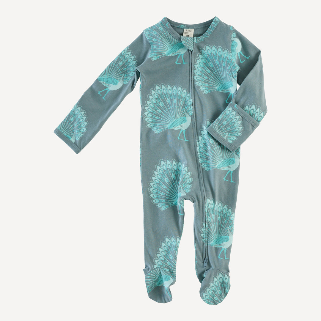 long sleeve zipper footie | blue peacocks | organic cotton jersey