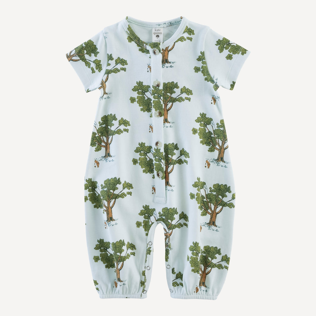 short sleeve button bubble jumpsuit | blue pooh & tree | organic cotton interlock