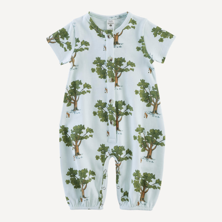 short sleeve button bubble jumpsuit | blue pooh & tree | organic cotton interlock