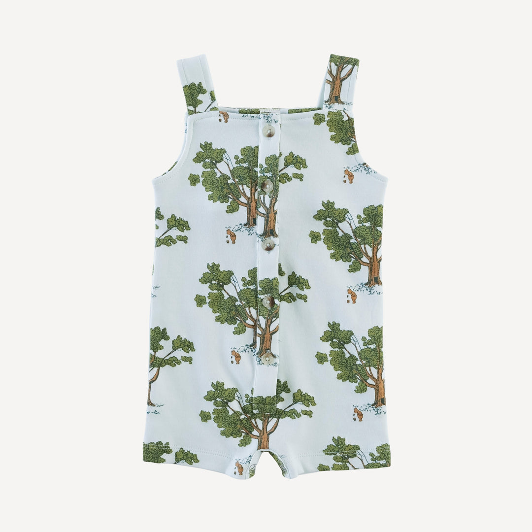 button overall shortie | blue pooh & tree | organic cotton interlock