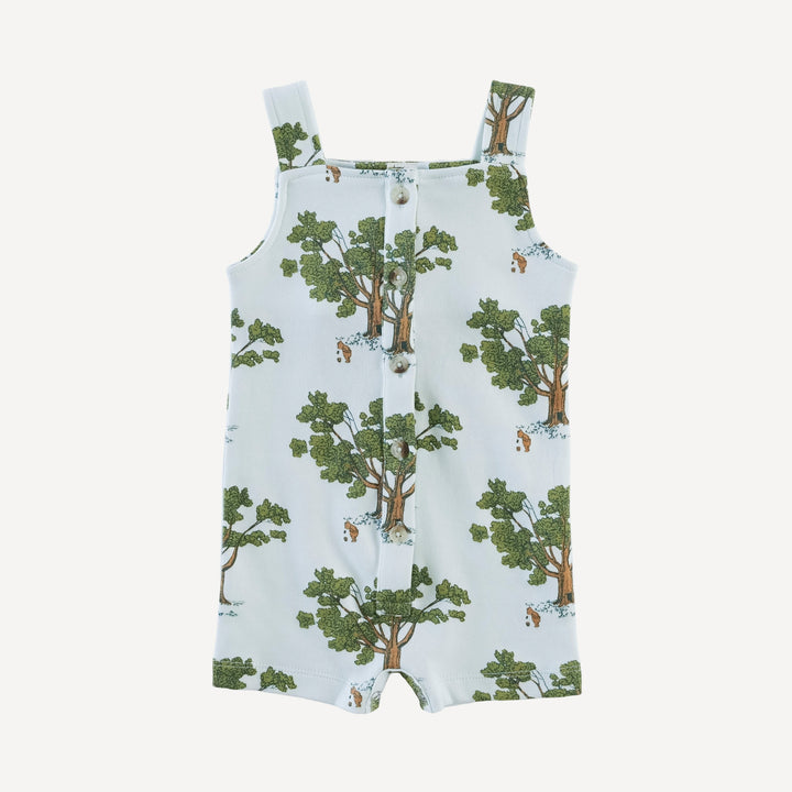 button overall shortie | blue pooh & tree | organic cotton interlock