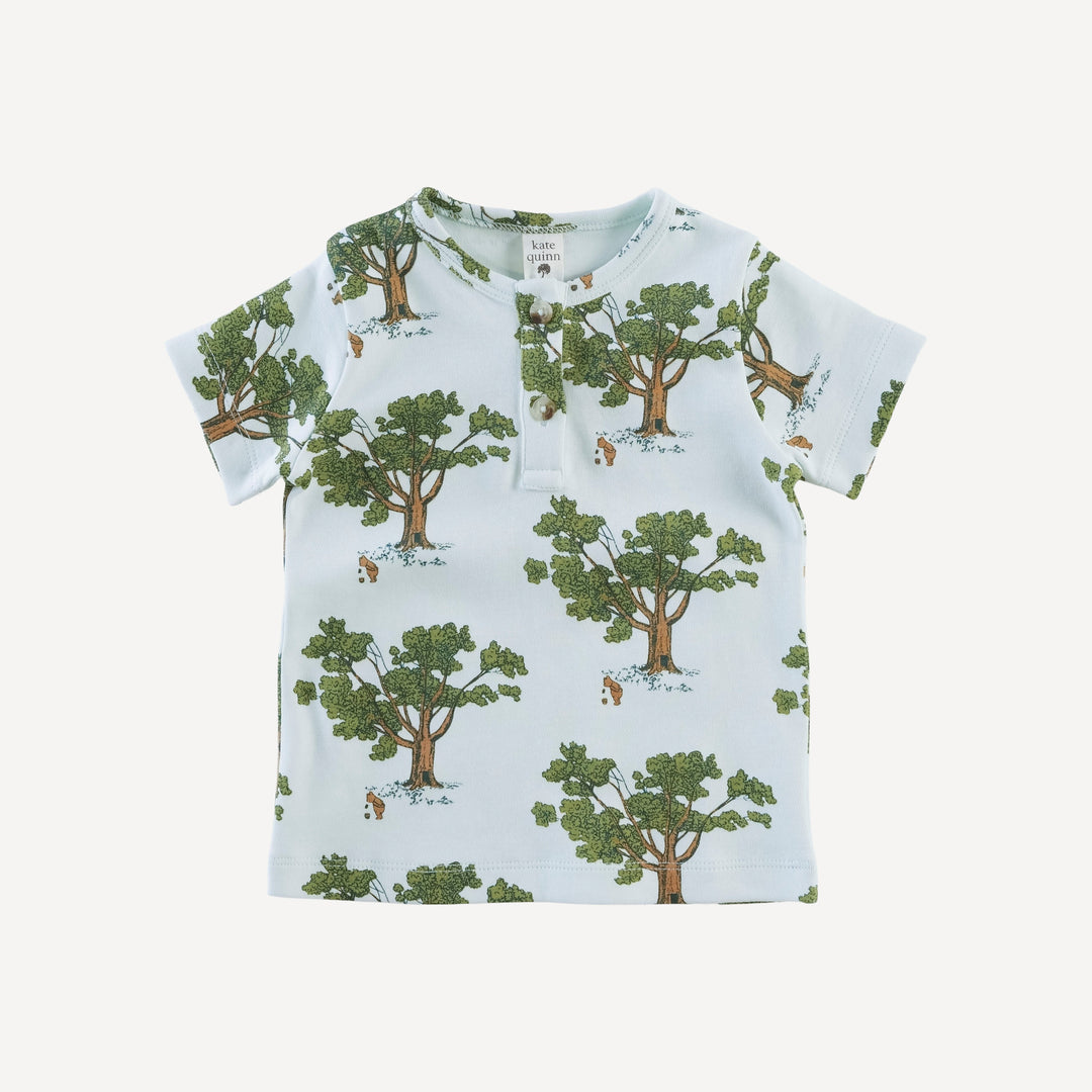 short sleeve basic henley tee | blue pooh & tree | organic cotton interlock