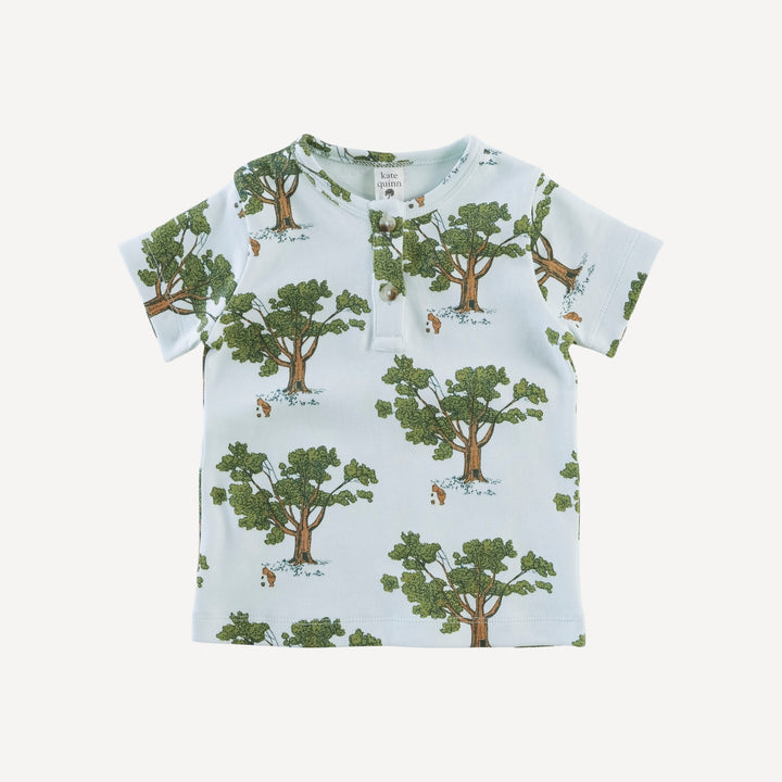short sleeve basic henley tee | blue pooh & tree | organic cotton interlock