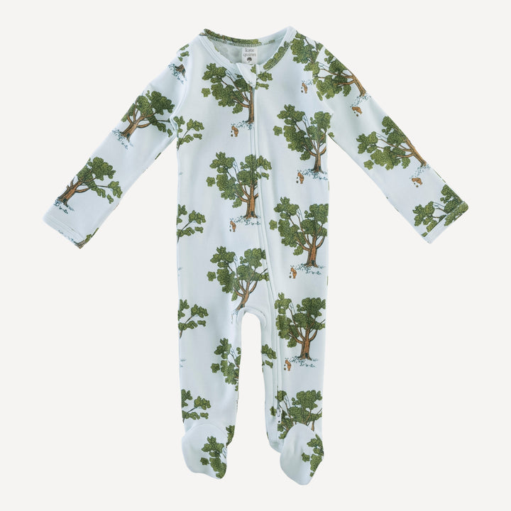 long sleeve two way zipper footie | blue pooh & tree | organic cotton interlock