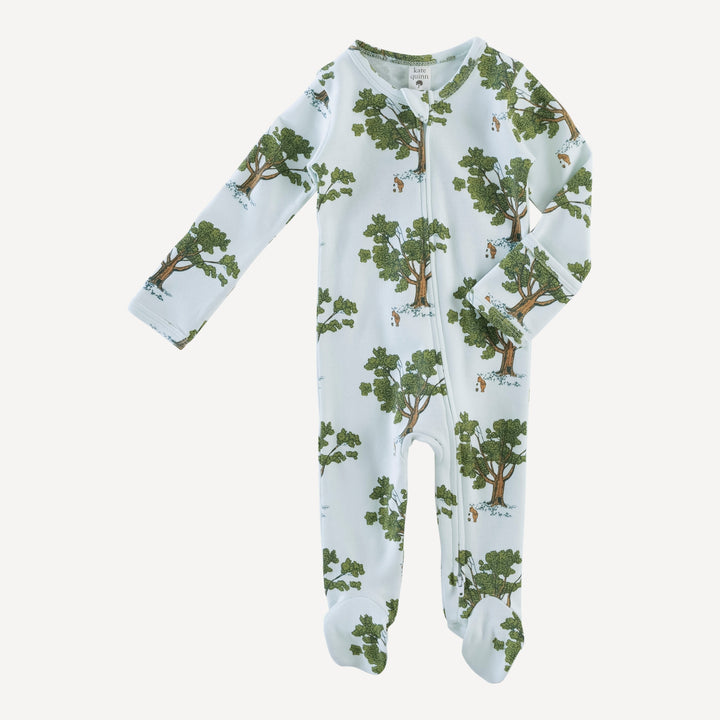 long sleeve two way zipper footie | blue pooh & tree | organic cotton interlock