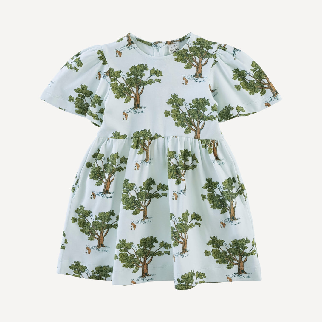 bell sleeve dress | blue pooh + tree | organic cotton interlock
