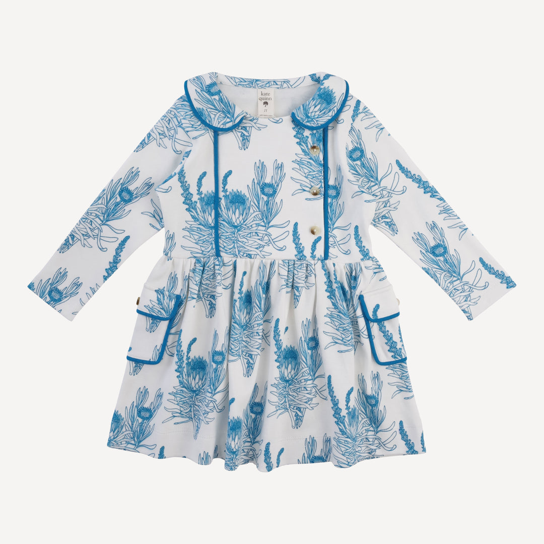 long sleeve peter pan apron dress | blue proteas | organic cotton interlock