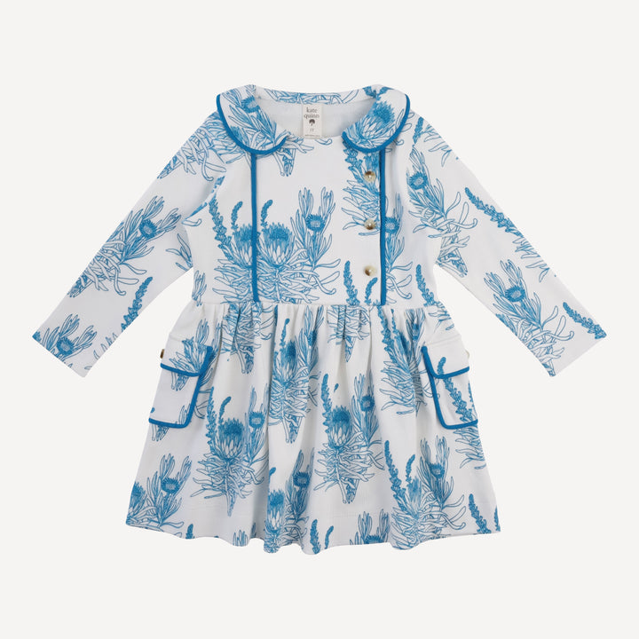 long sleeve peter pan apron dress | blue proteas | organic cotton interlock