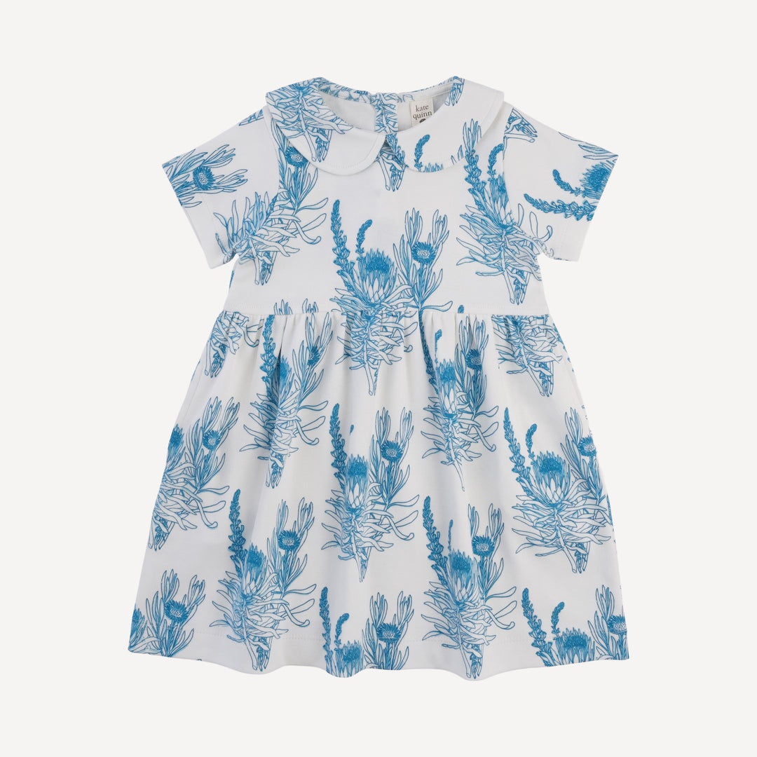 short sleeve peter pan dress | blue proteas | organic cotton interlock