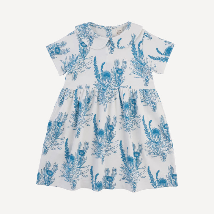 short sleeve peter pan dress | blue proteas | organic cotton interlock