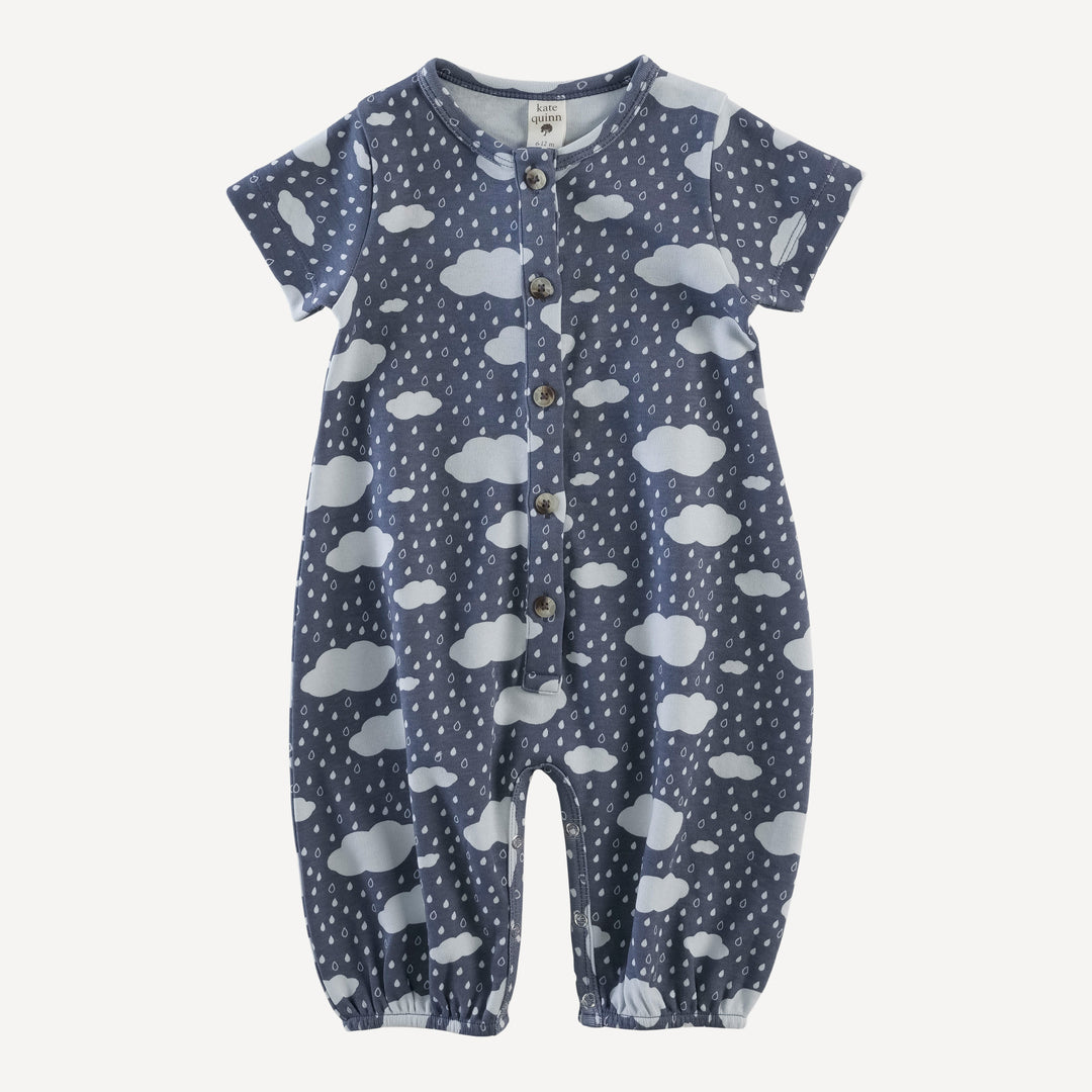 short sleeve button bubble jumpsuit | blue rain cloud | organic cotton interlock