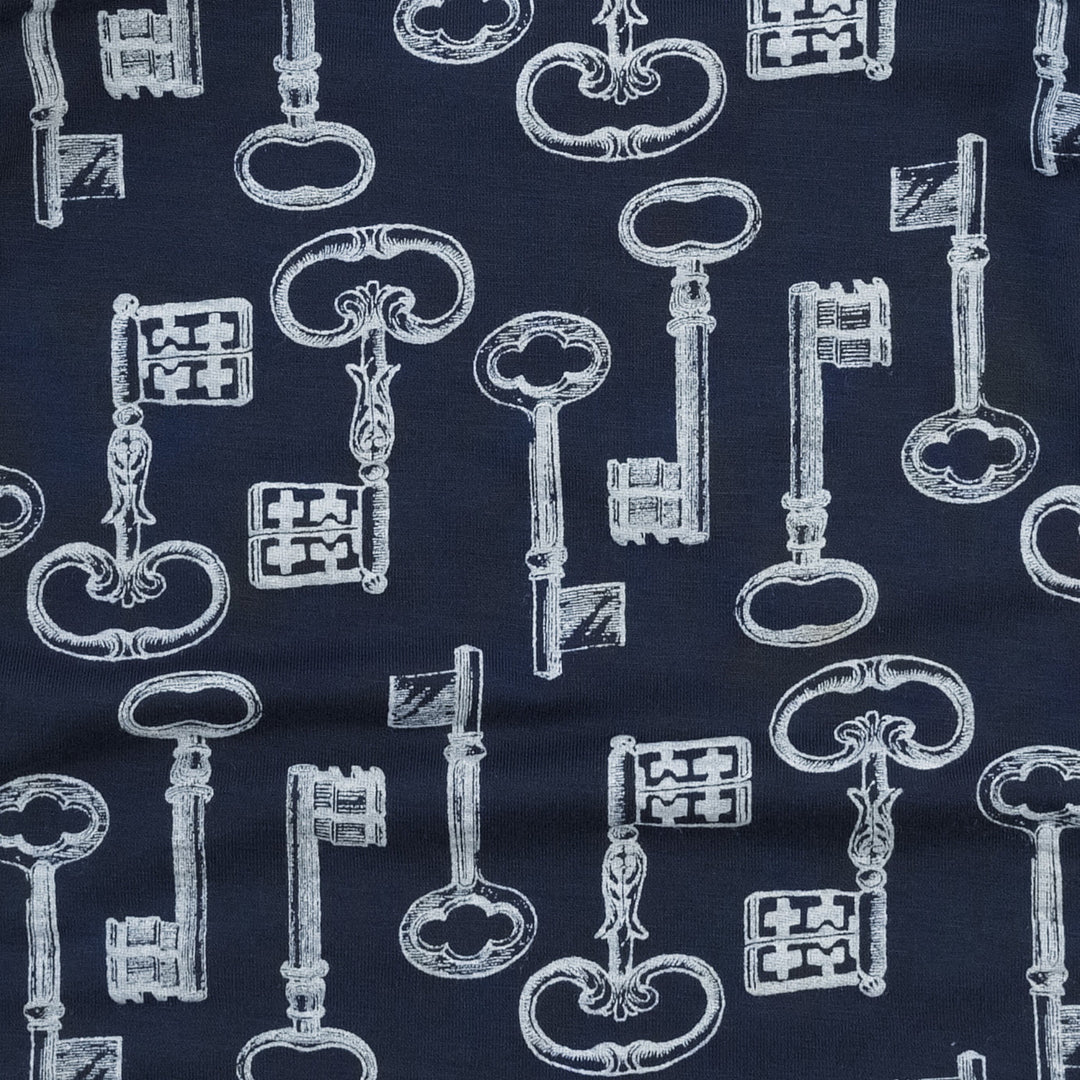 short sleeve sport union suit | blue vintage keys | bamboo