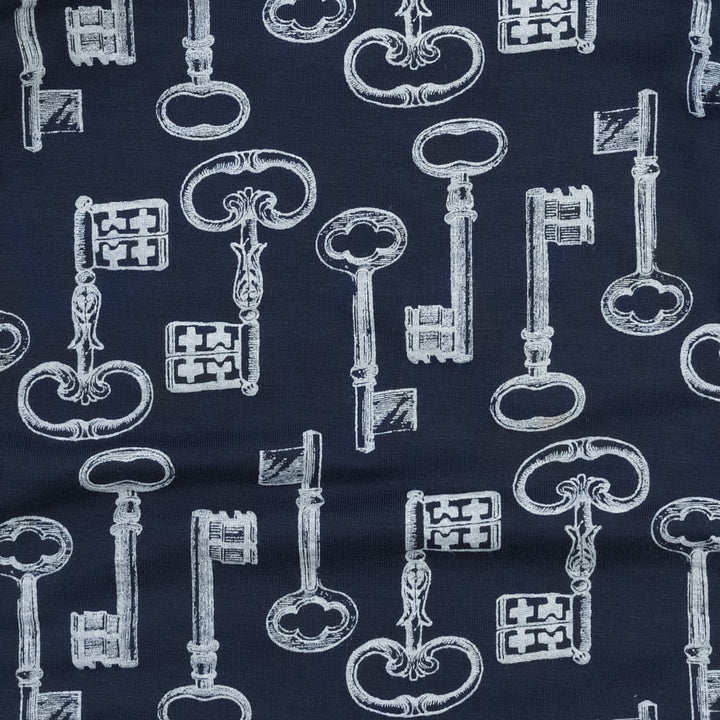 long sleeve two way zipper footie | blue vintage keys | bamboo