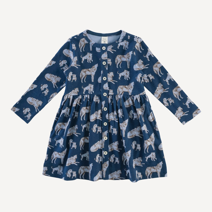 long sleeve button front dress | blue wolf family | organic cotton interlock