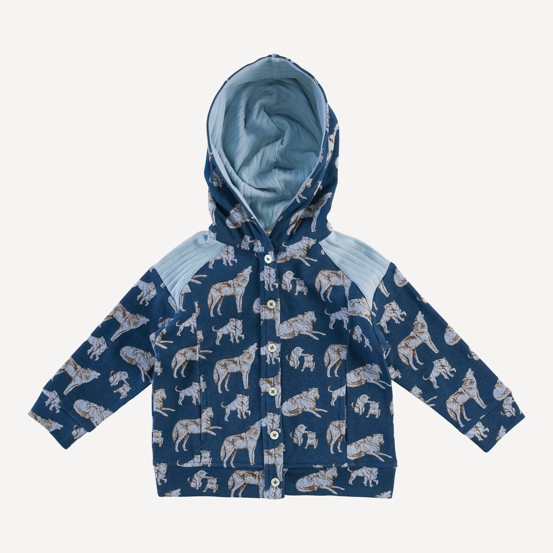 color blocked hooded jacket | blue wolf family | organic cotton interlock