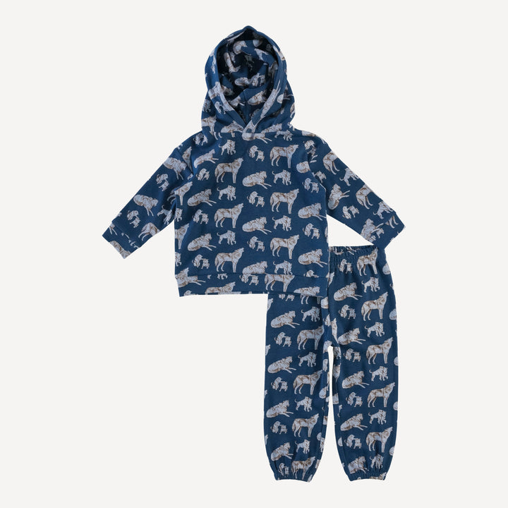 long sleeve hooded relaxed jogger set | blue wolf family | organic cotton interlock