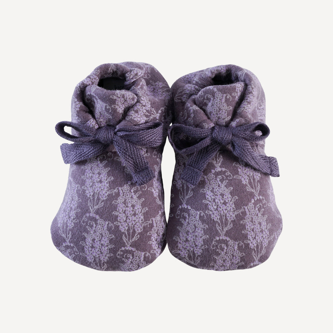 tie booties | purple woodland paisley | organic cotton interlock