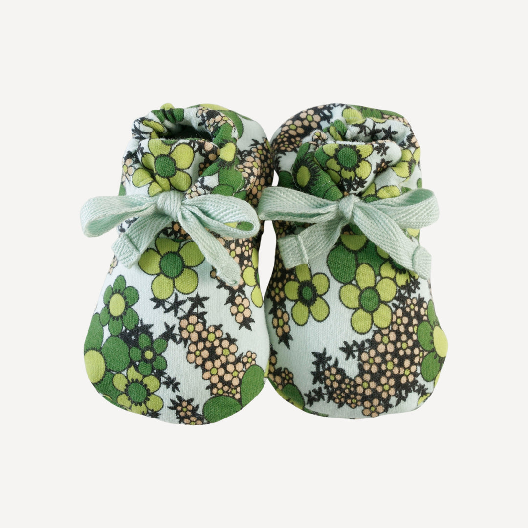 tie booties | green granny floral | organic cotton interlock