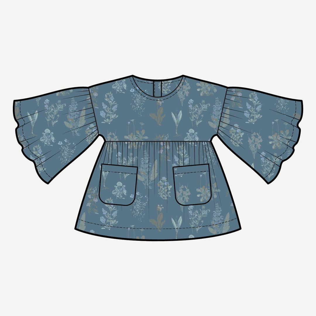 PREORDER bell sleeve gathered tunic | blue litho | modal