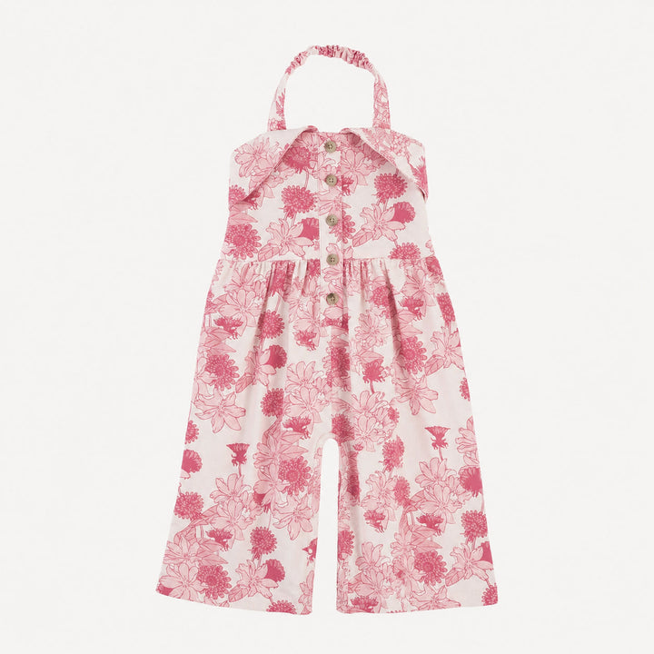 PREORDER folded collar halter gaucho jumpsuit | pink retro floral | organic cotton interlock