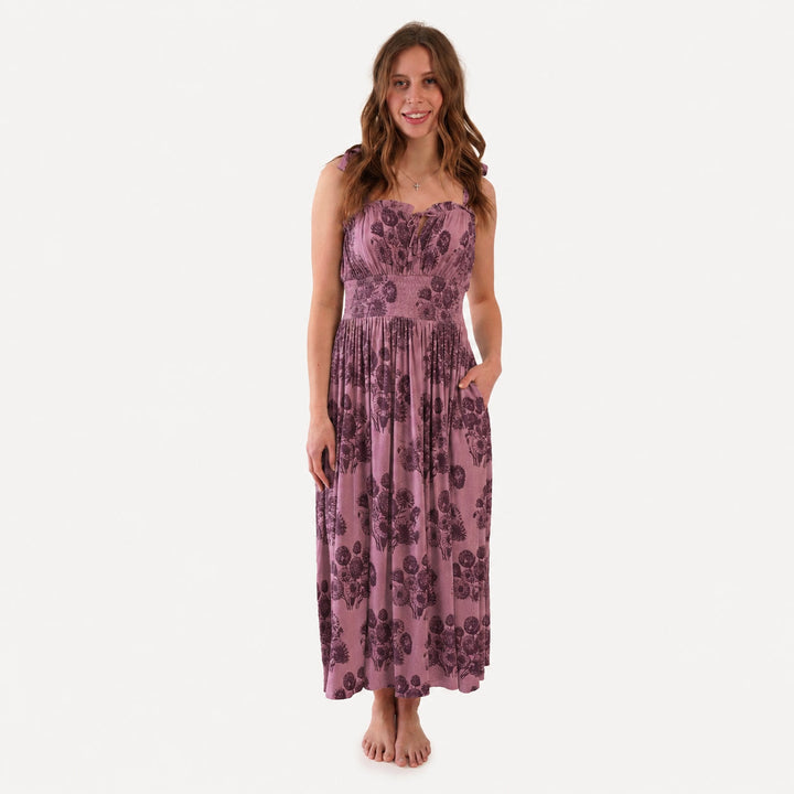 PREORDER womens spaghetti tie winnie dress | french violet dahlia | organic cotton interlock