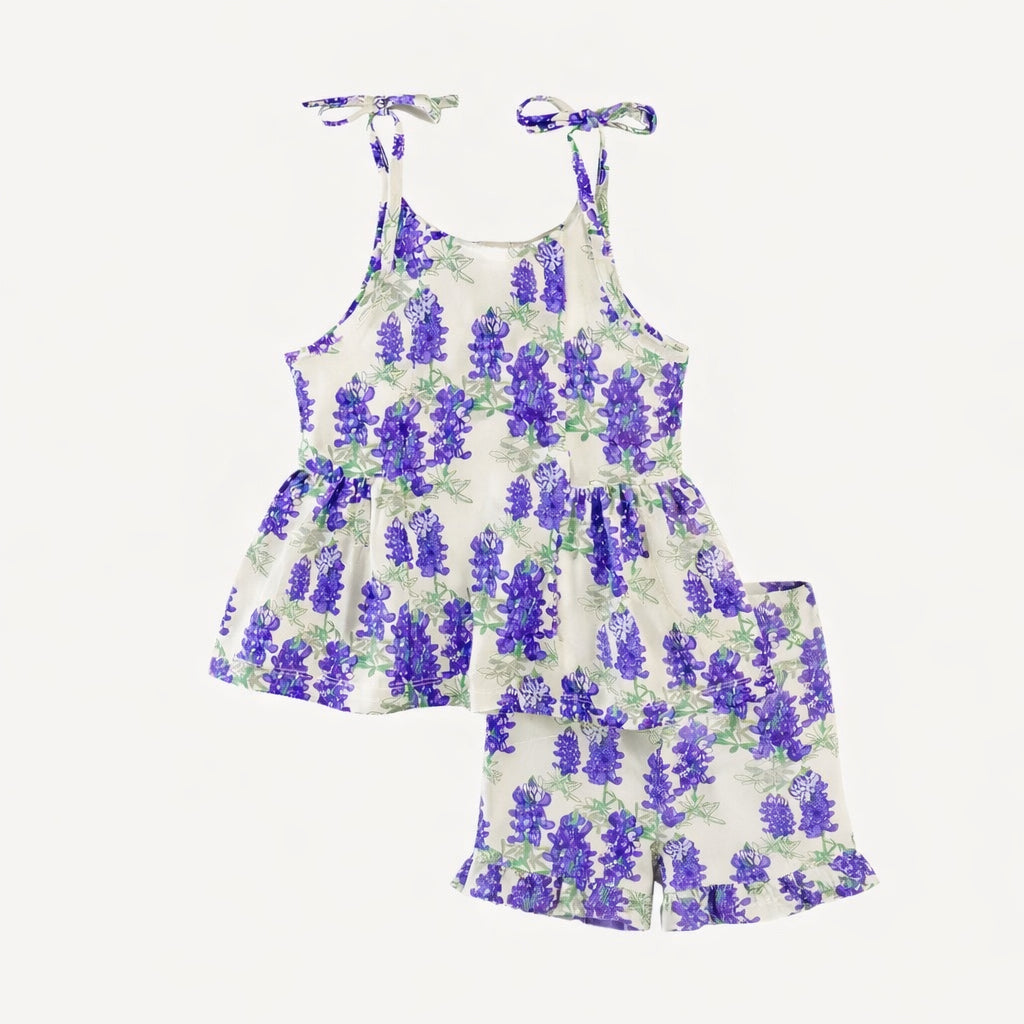 spaghetti tie ballerina top + ruffle short set | blue bonnets | organic cotton jersey