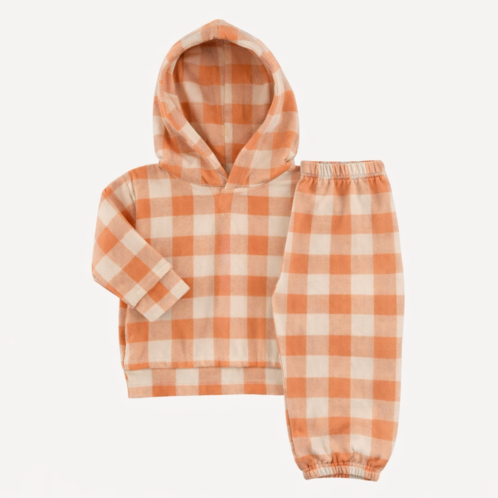 long sleeve boxy topstitch hoodie + relaxed jogger set | caramel gingham | organic cotton interlock