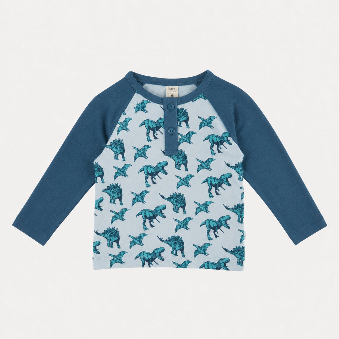 PREORDER long sleeve baseball henley tee | aqua dinosaur | organic cotton interlock