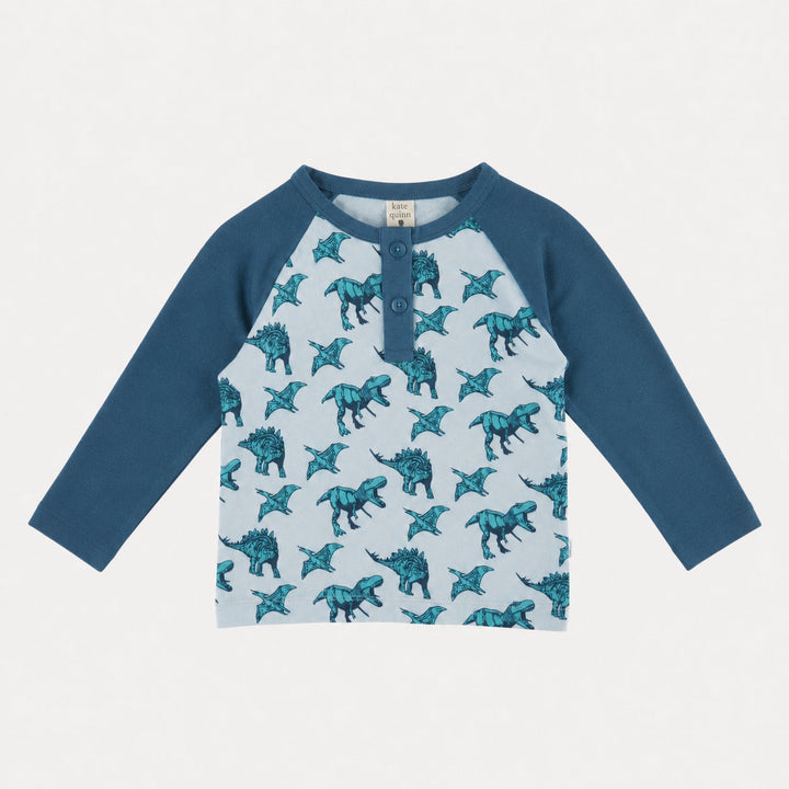 PREORDER long sleeve baseball henley tee | aqua dinosaur | organic cotton interlock
